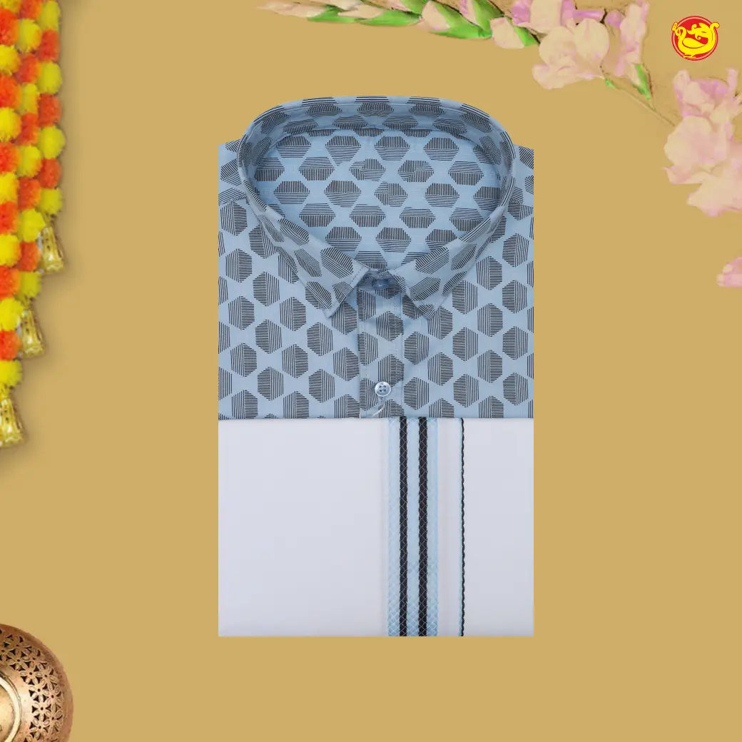 Ultramarine blue With White Printed Cotton Readymade Shirt And Matching Border Dhoti Set for Men