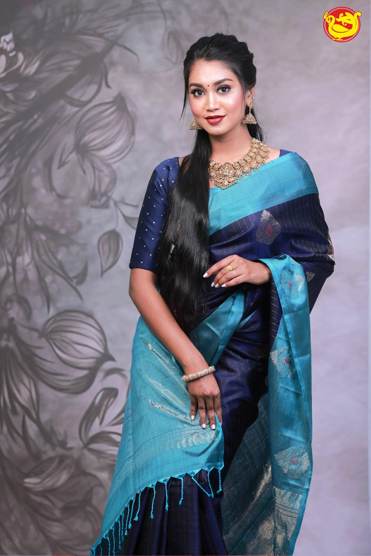 Navy Blue With Peacock Green Soft silks sarees