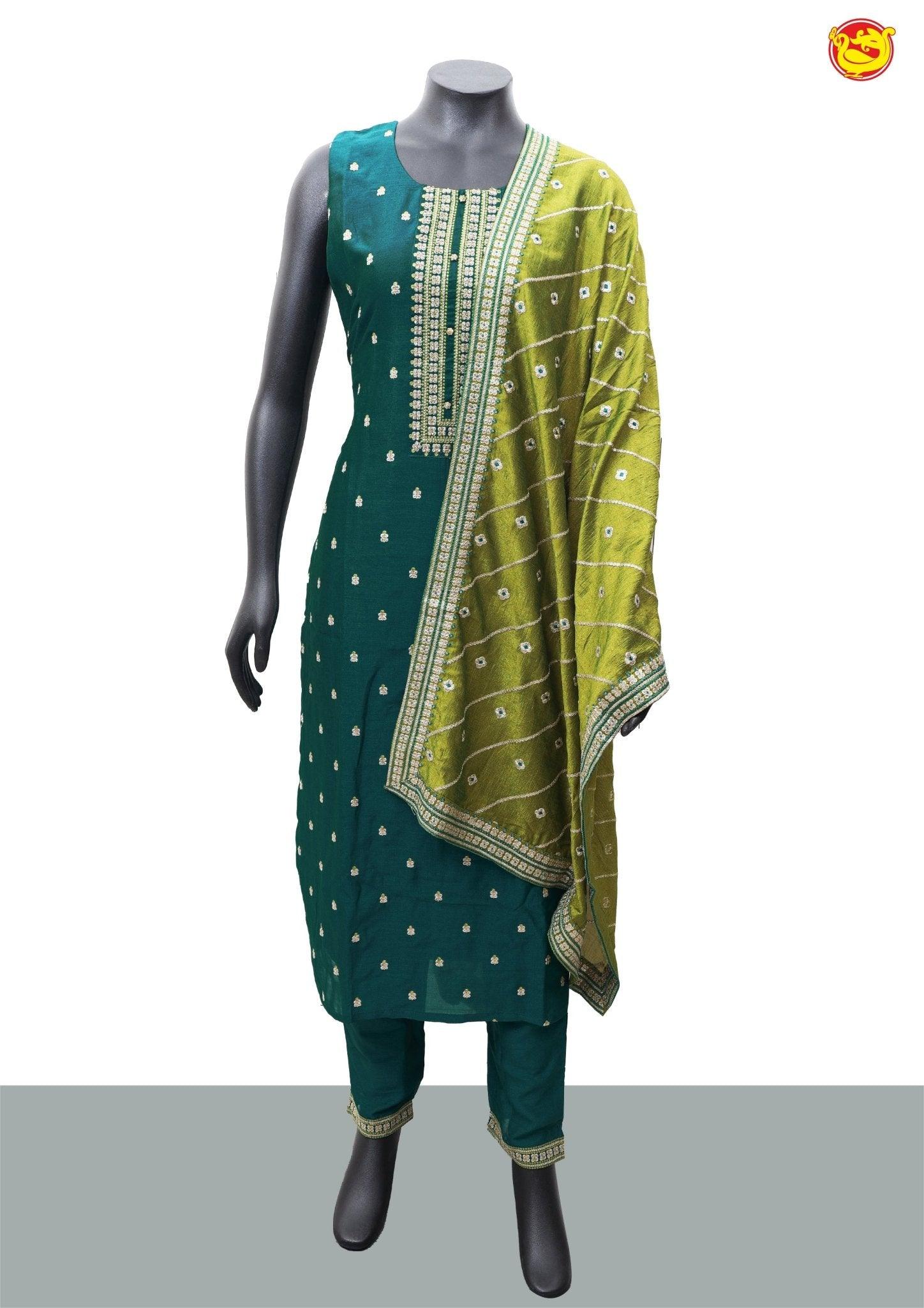 Peacock Green With Sneha Green Cotton Silk Blend Straight Embroidery Kurta Pant and Dupatta Set