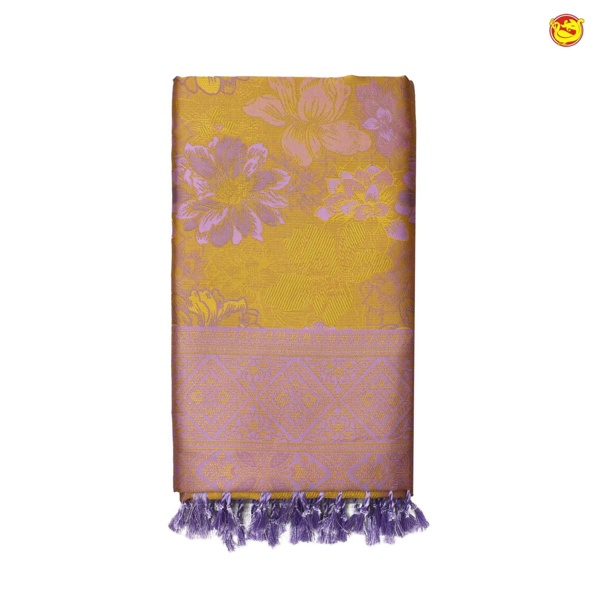 Mustard With Violet Floral Design Copper Zari Semi Silk Set Sarees - Thenianantham