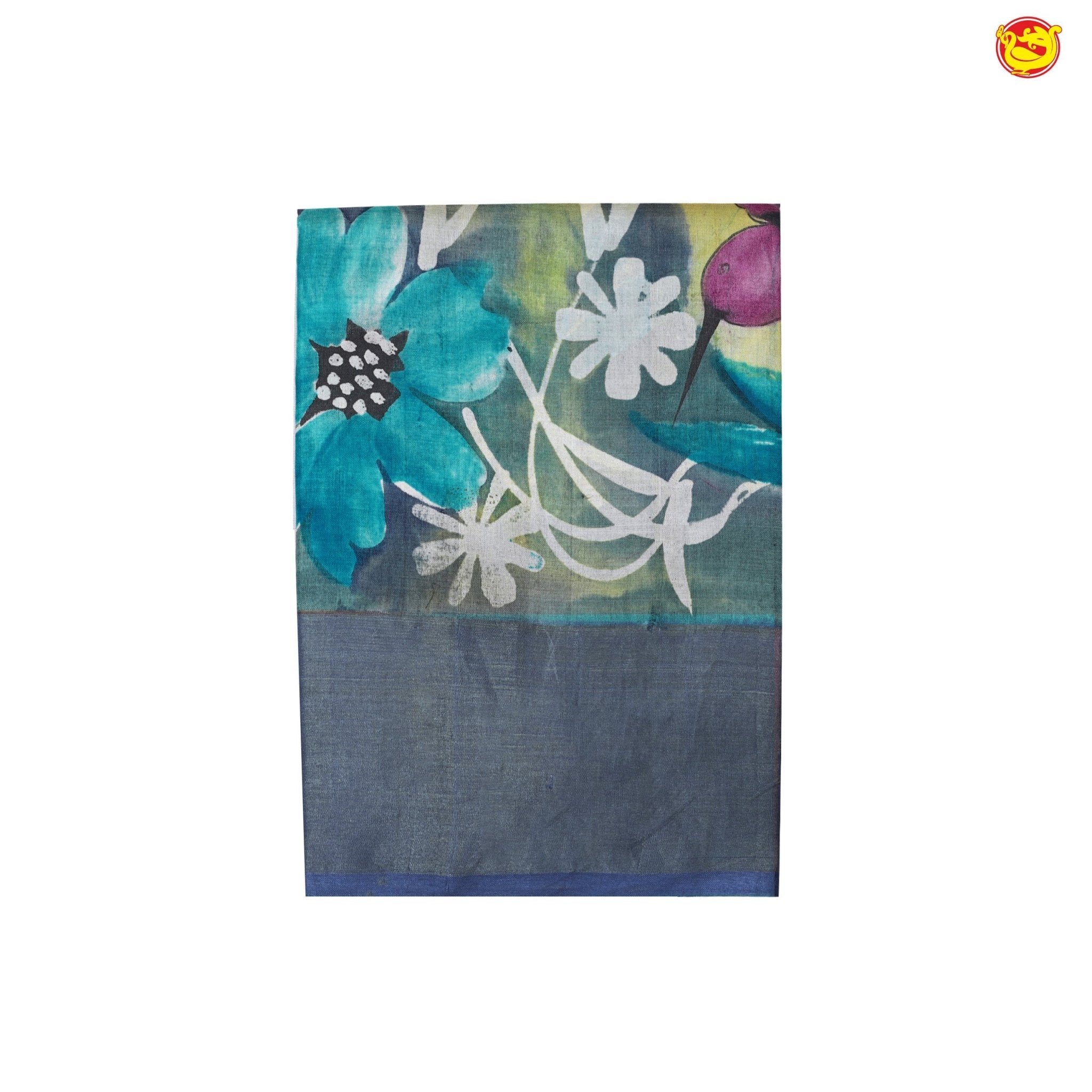 Pure Tussar Silk Saree Aegean Blue and Blue Border With Floral Design and Painted Prints and Zari Woven Border - Thenianantham