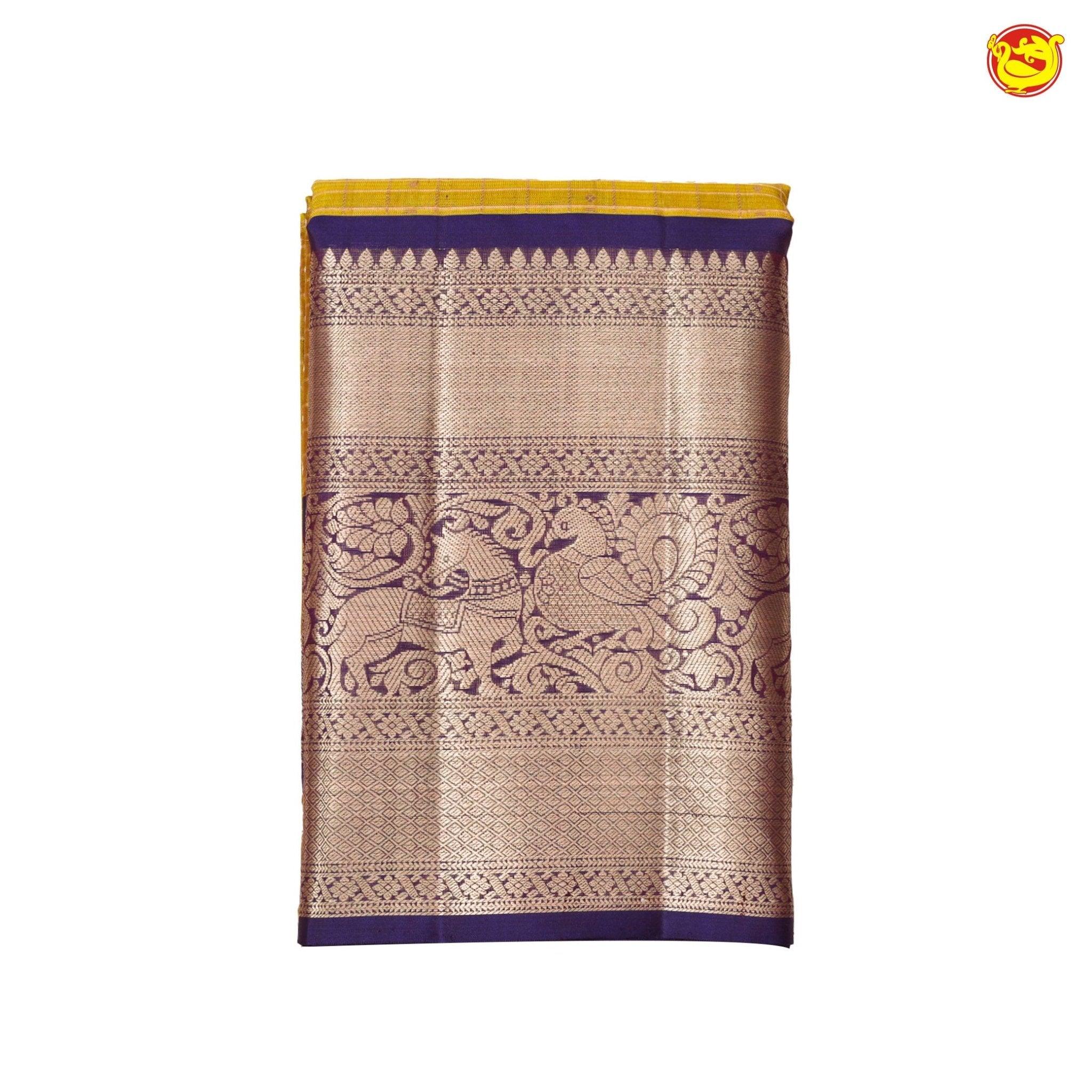 Mustard With Purple Checked Motifs Copper Zari Long Border Pure Kanjivaram Soft Silk Saree - Thenianantham