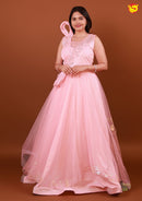 Baby Pink Sequins, Bead & Cutdana Work Embroidered Net Indowestern Gown - Thenianantham