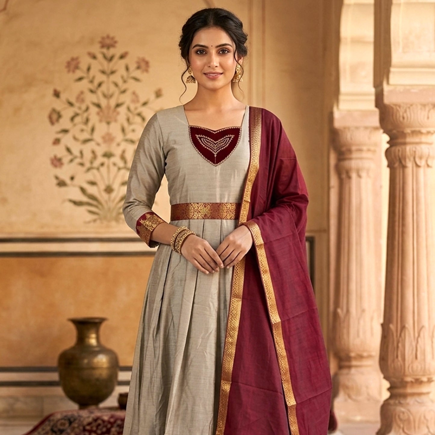 Grey With Peacock Maroon Ttendy Ladies Ethnic Gowns