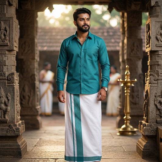 Elf  Green With White Dhoti Readymade Small Checked Shirt And Matching Border Dhoti Set for Men