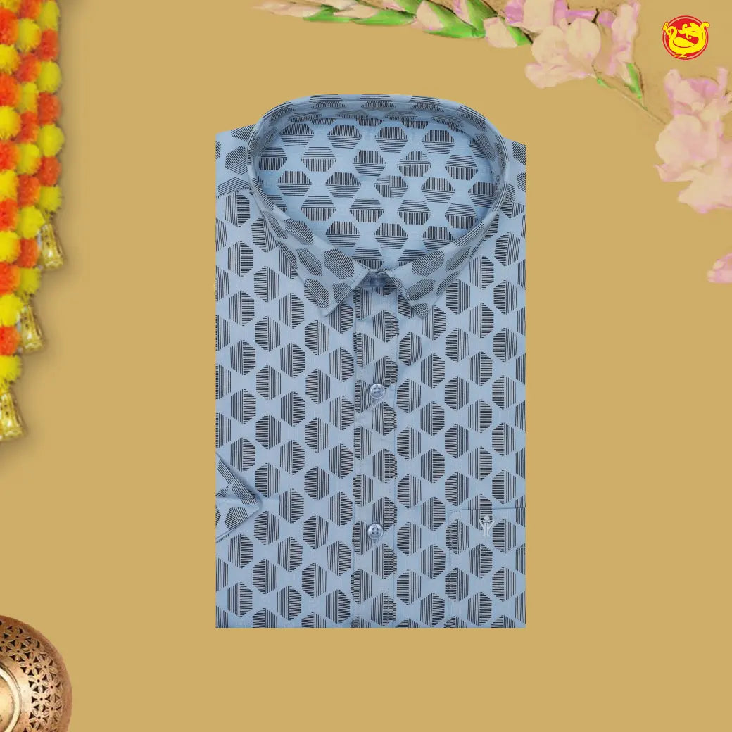 Ultramarine blue With White Printed Cotton Readymade Shirt And Matching Border Dhoti Set for Men