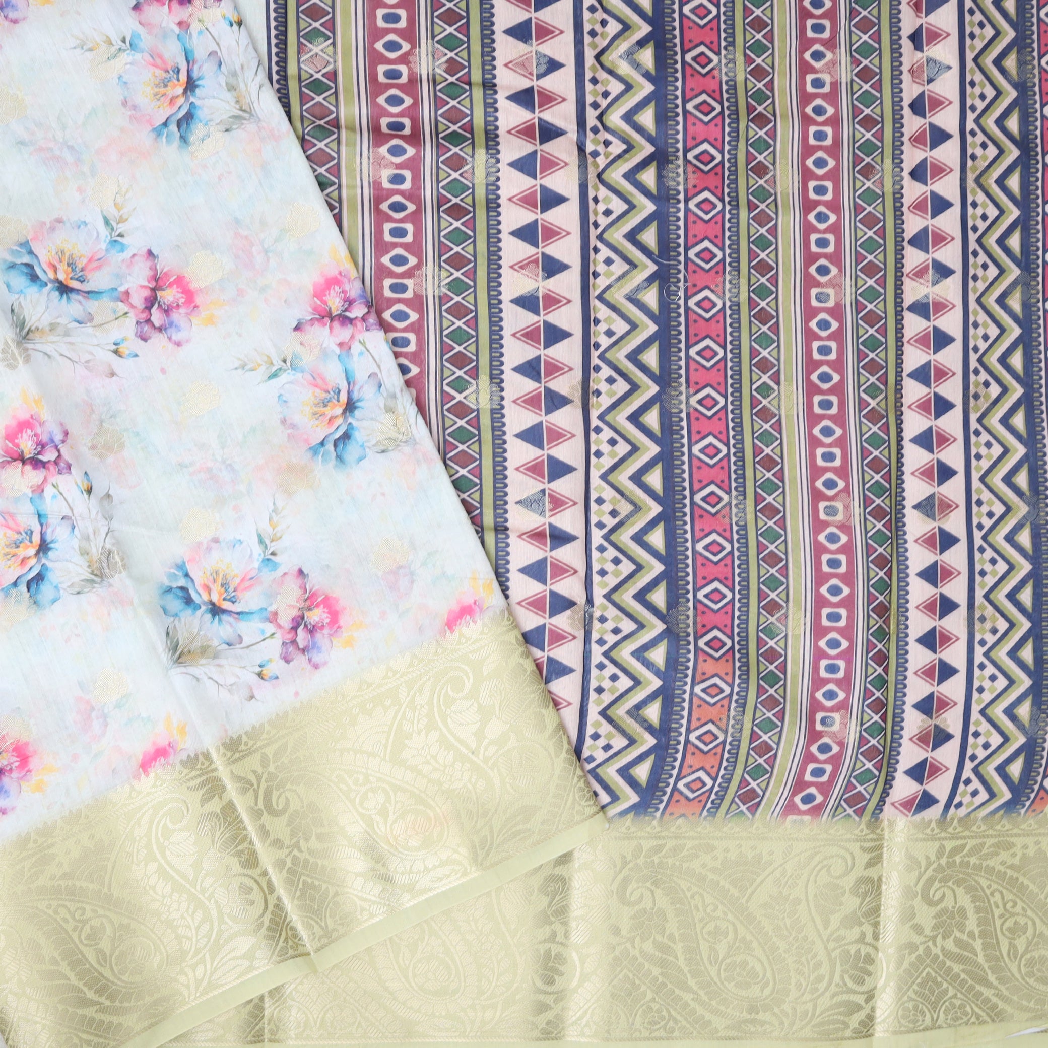 Off White With Pink Floral Design Dola Silk