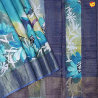 Pure Tussar Silk Saree Aegean Blue and Blue Border With Floral Design and Painted Prints and Zari Woven Border - Thenianantham