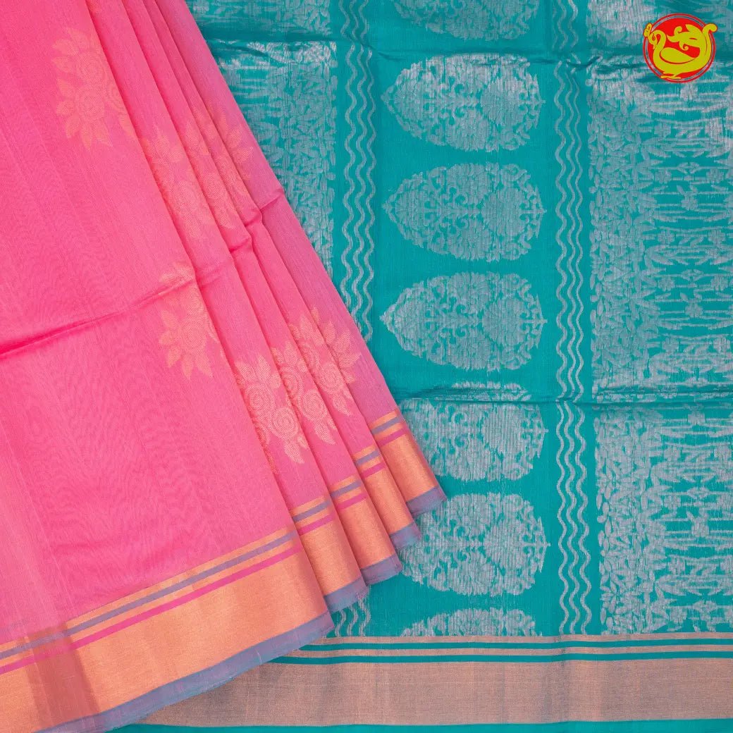 Baby Pink with Rama Green Pure Silk Cotton Saree