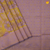 Mustard With Violet Floral Design Copper Zari Semi Silk Set Sarees - Thenianantham