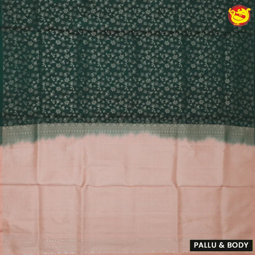 Bottle green with beige pure soft silk saree