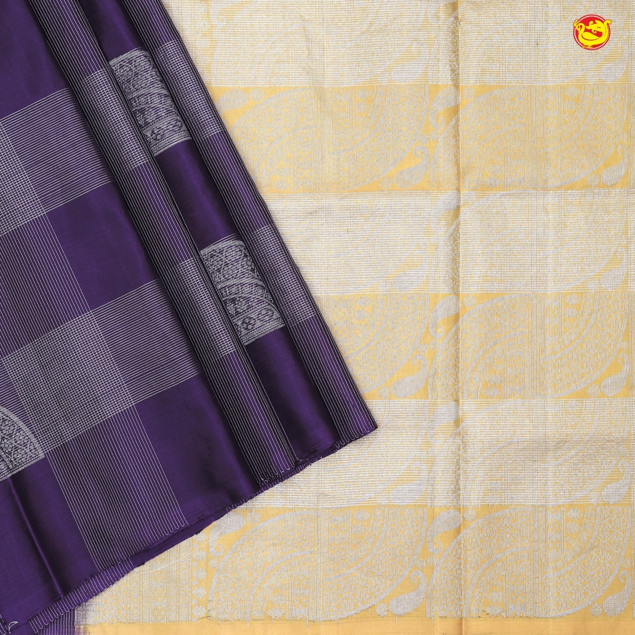 Purple With Gold Motifs Silver Zari Checked Yuvana Semi Soft Silk Saree