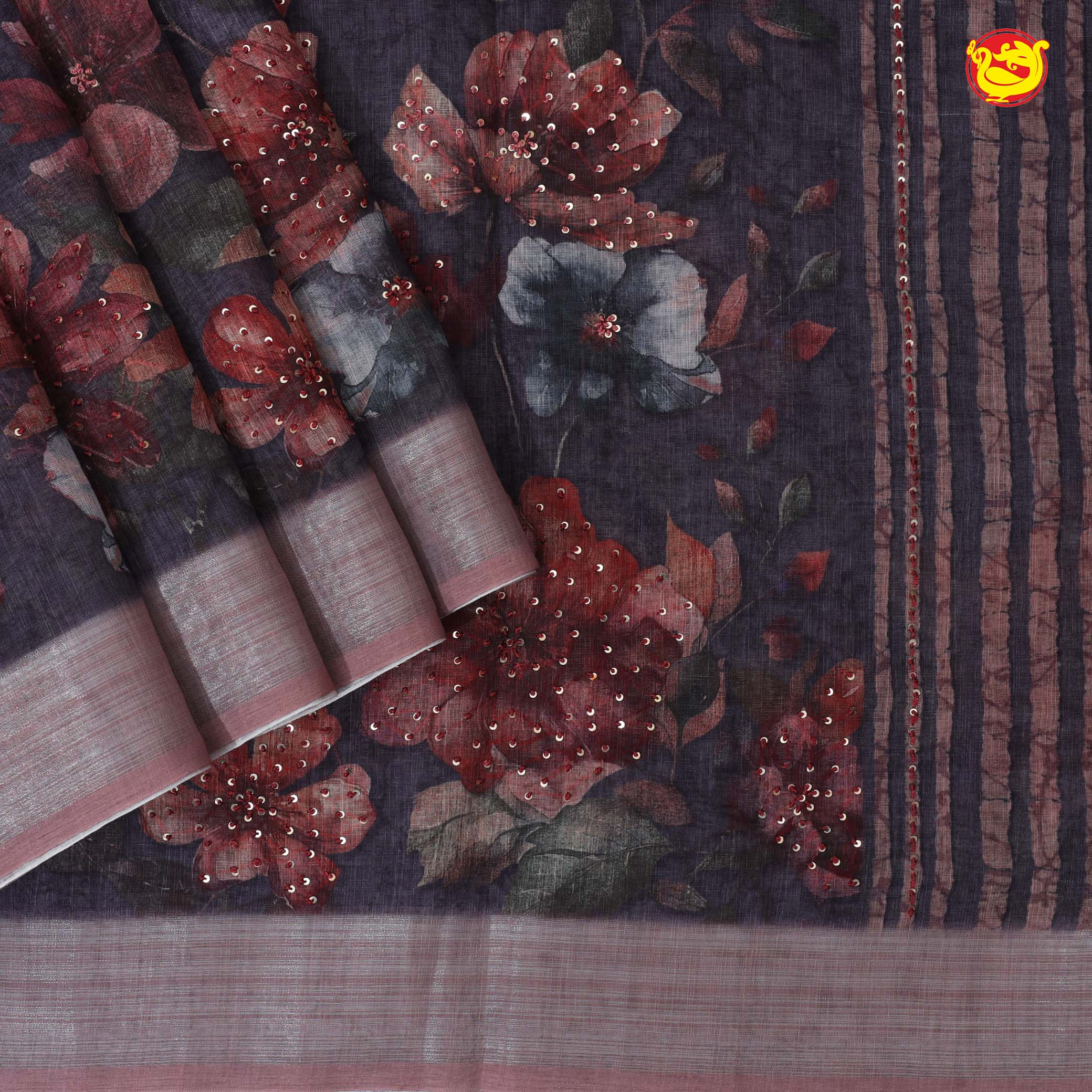 Grey Floral Garden Zari Border Semi Linen Saree