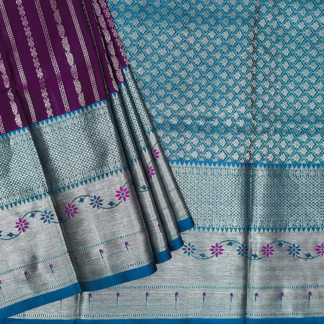 Dark purple with Peacock blue Venkatagiri Soft Silk Saree