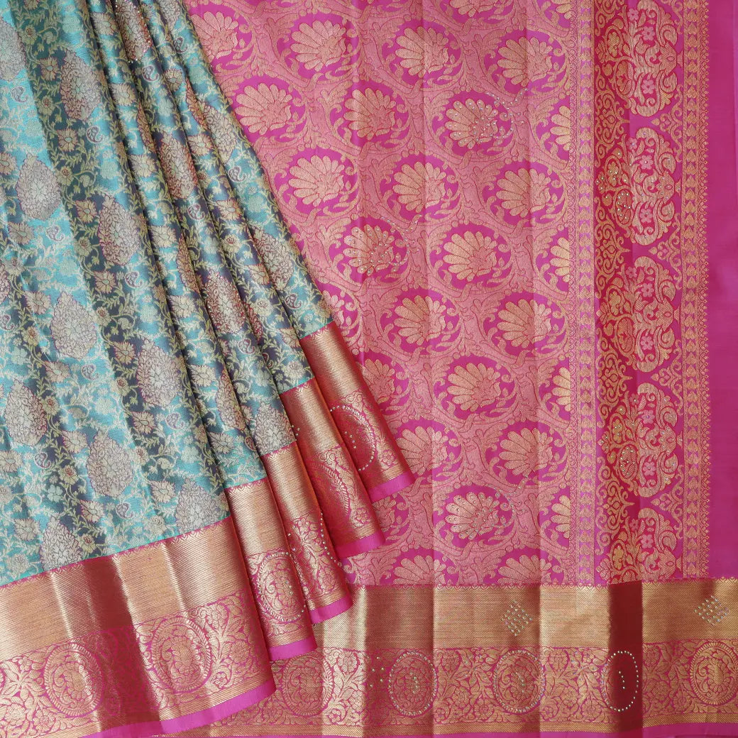 Cyen  with Pink Gold Zari Border Wedding Silk Saree