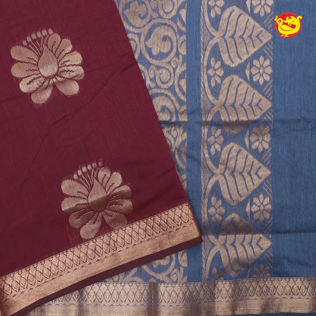 Maroon With Light Steel Blue Kalyani Cotton Saree