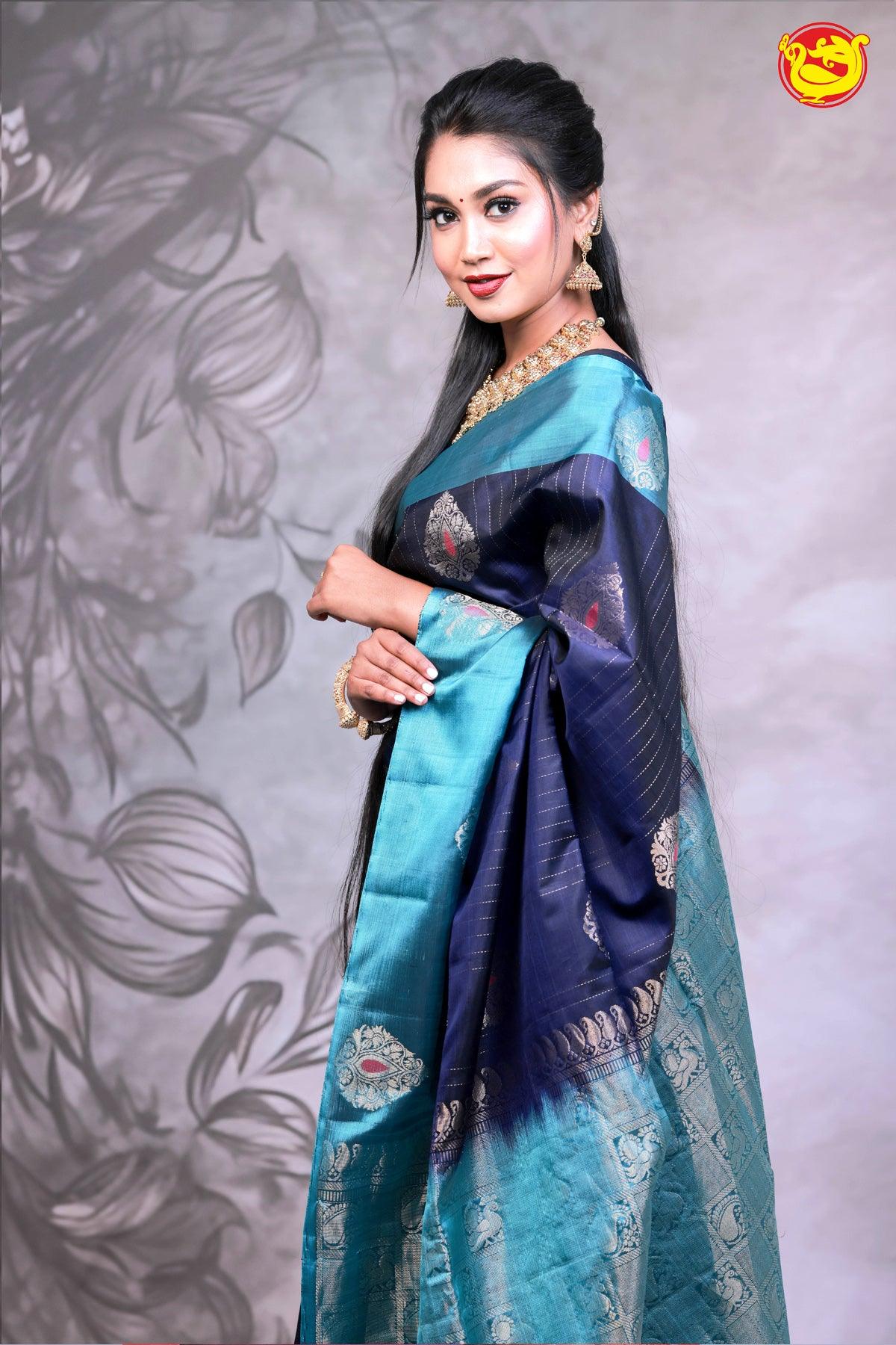 Navy Blue With Peacock Green Soft silks sarees