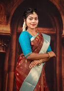 Maroon With Teal Blue Copper Zari Border  Soft Silk Saree