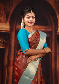 Maroon With Teal Blue Copper Zari Border  Soft Silk Saree