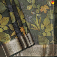 Olive Green Pure Organza Silk With Gold Zari Border Digital Print Saree - Thenianantham