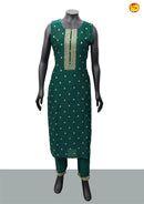 Peacock Green With Sneha Green Cotton Silk Blend Straight Embroidery Kurta Pant and Dupatta Set - Thenianantham