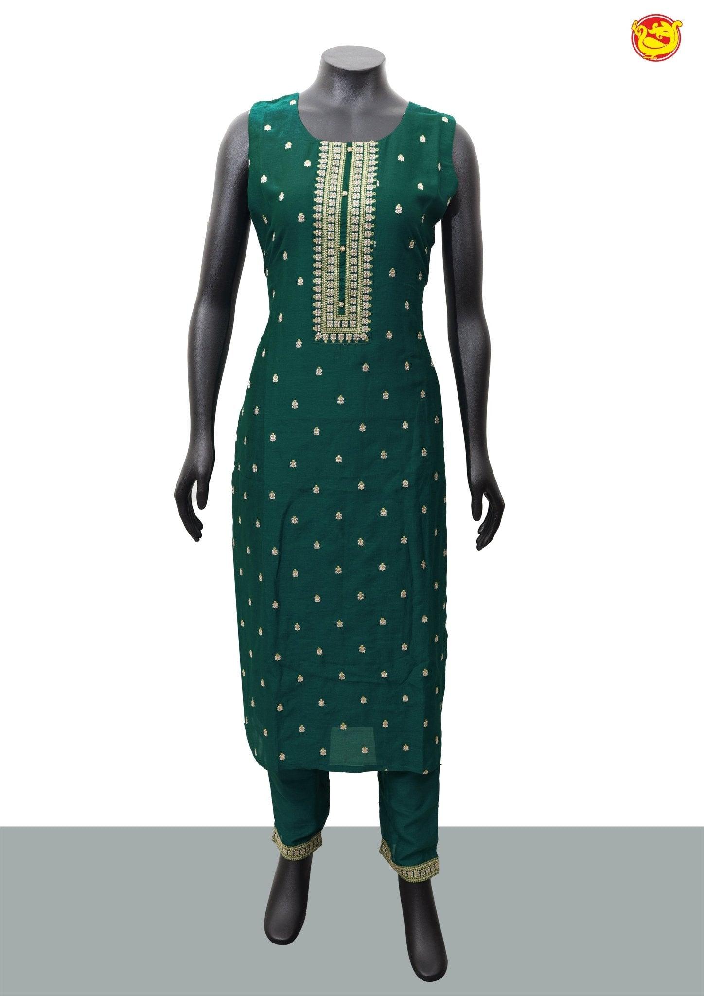 Peacock Green With Sneha Green Cotton Silk Blend Straight Embroidery Kurta Pant and Dupatta Set