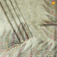 Light Olive Green with Cutwork and Stonework Border With Floral Leaf Digital Prints Tissue Crush saree - Thenianantham