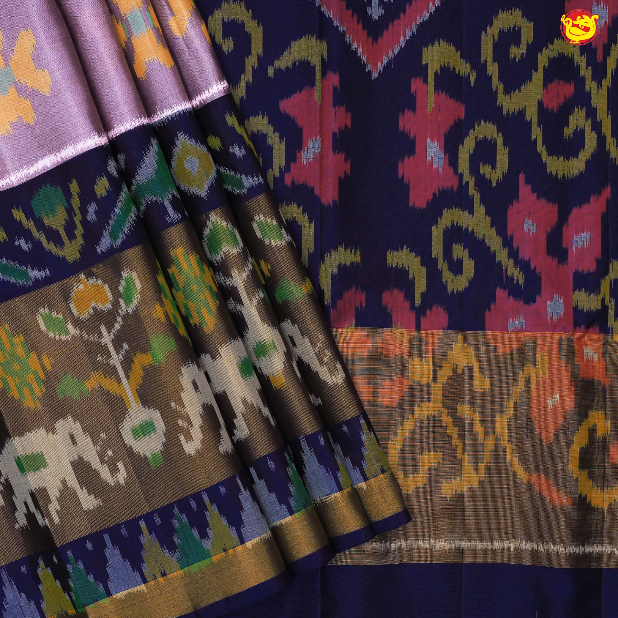 Pochampally Silk Saree Violet Shade and Navy Blue with Allover Ikat Weaves and Ikat Style Zari Woven Border