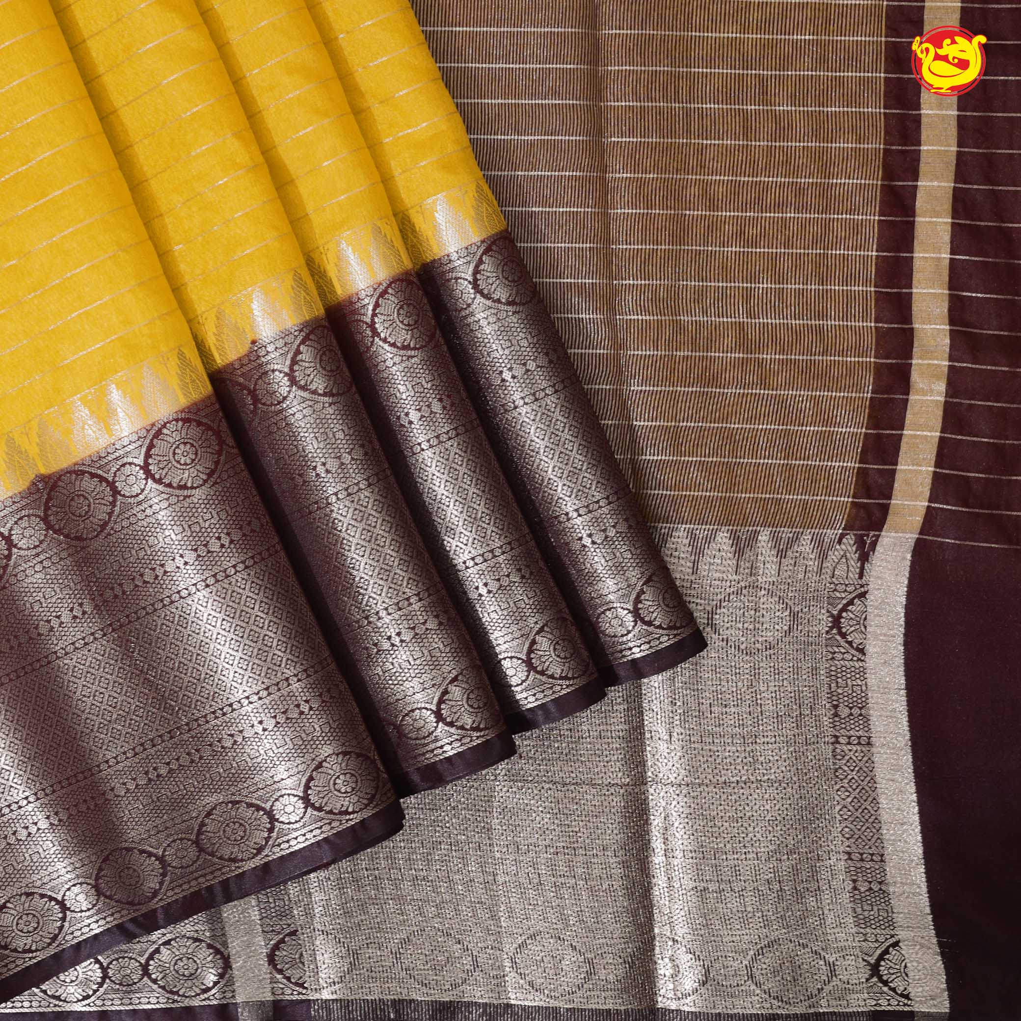 Yellow With Dark Brown Stripes Design Semi Silk Blend Saree With Double Blouse Concept