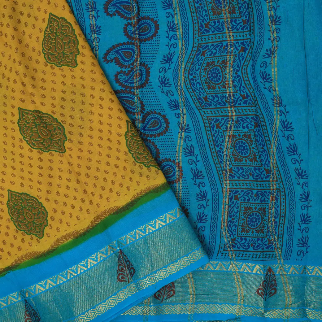 Yellow with blue  Mul Mul Cotton Saree without Blouse