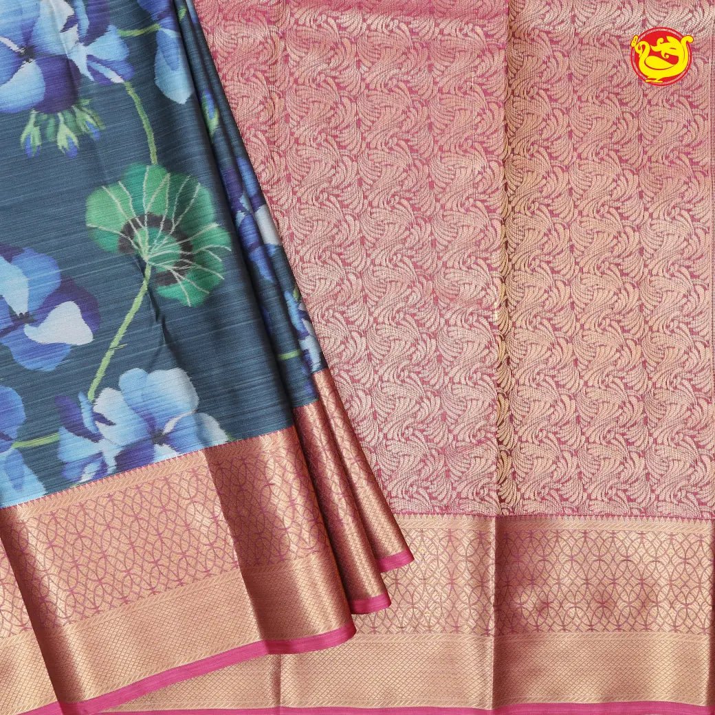 Blue & Green With Magenta Digital Print Soft Silk Saree