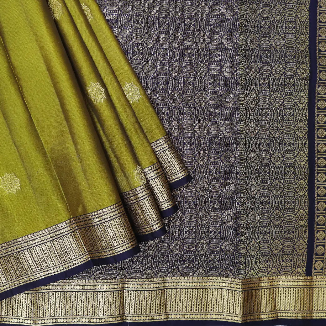 Lime Green with Navy Blue Soft Silk Saree