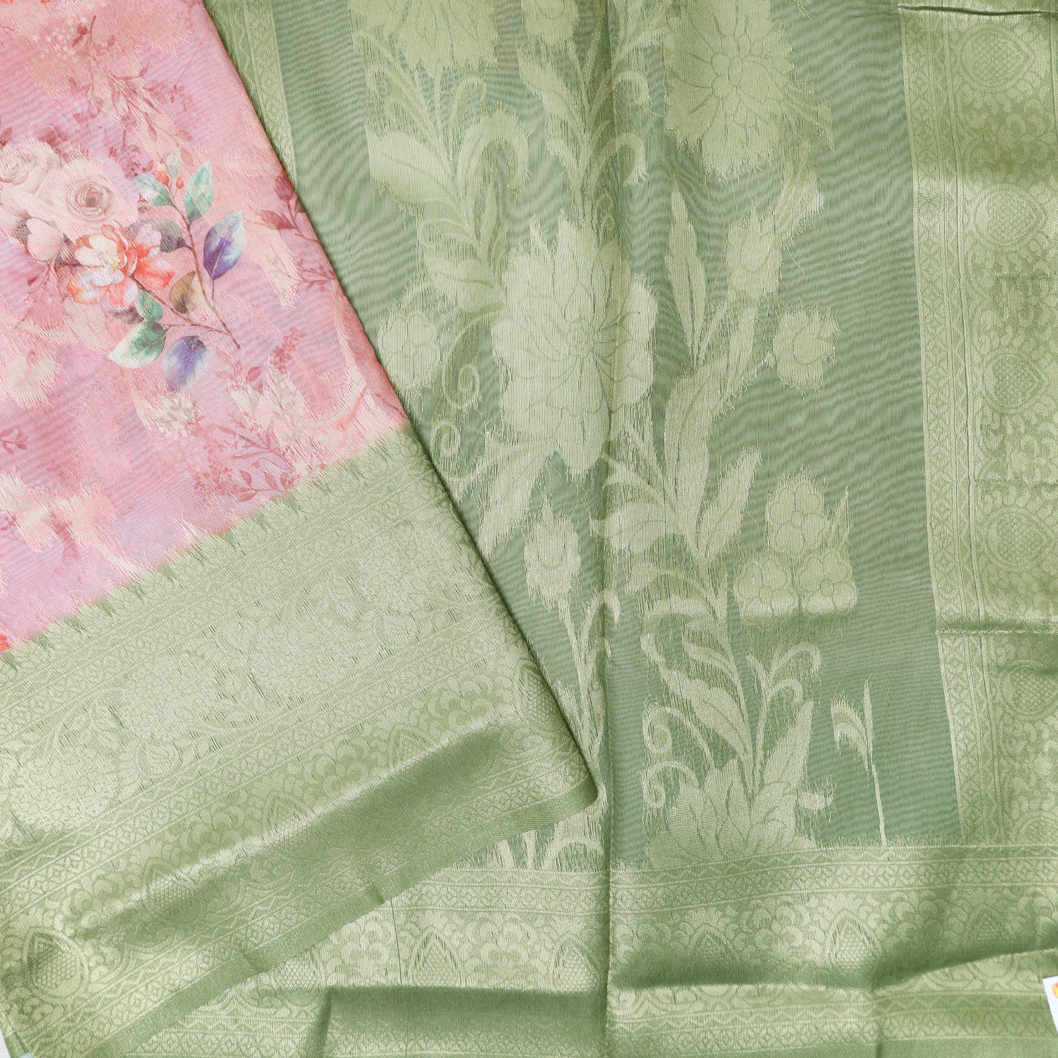 Peach with Green Semi Burberry Silk Saree