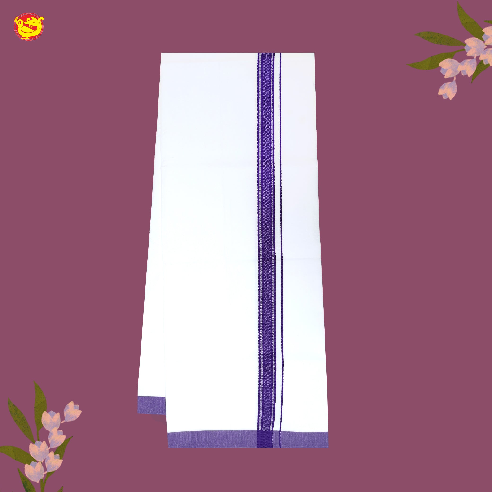 White with Dark Purple Fancy Border Single Layer Cotton Men’s Dhoti