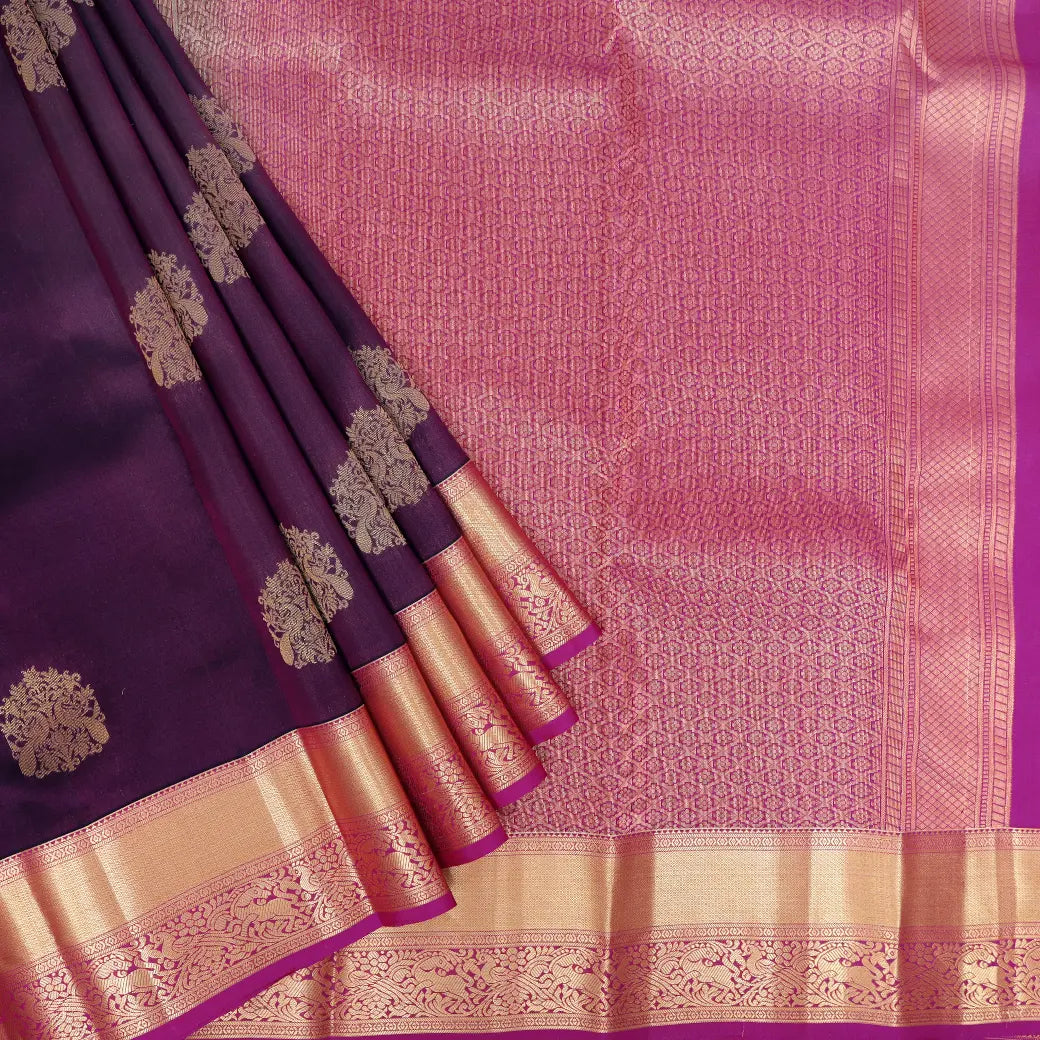 Deep Purple With Magenta Purple Copper Zari Border Soft Silk Saree
