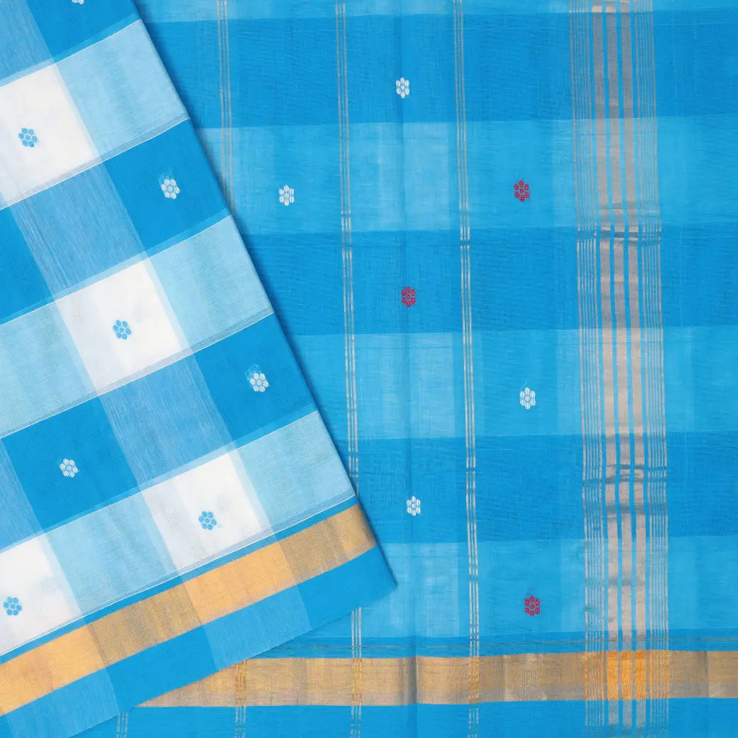 Blue with White Checked Gold Zari Border Venkatagiri Pure Cotton without Blouse
