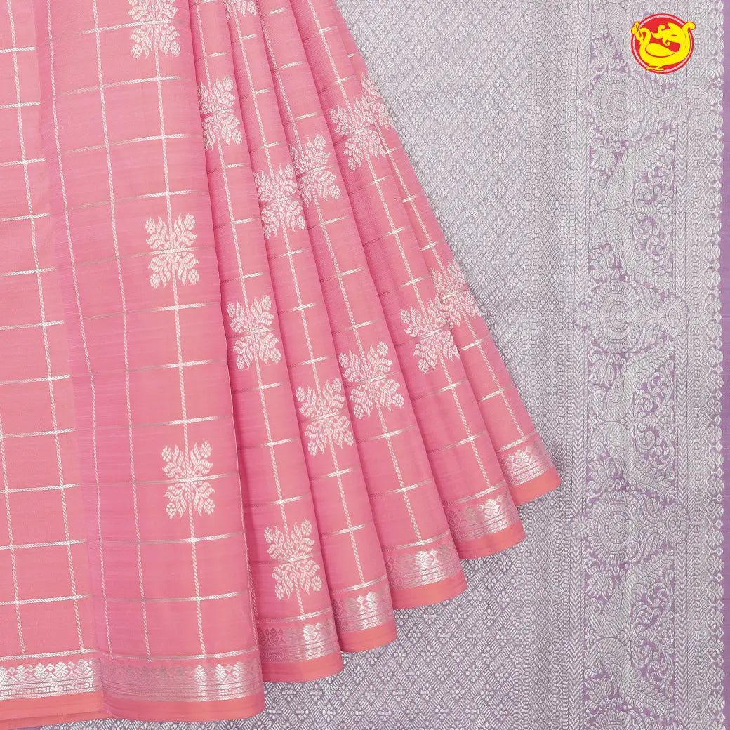 Peachish pink with Lavendar pallu pure Kanchipuram silk saree - Thenianantham