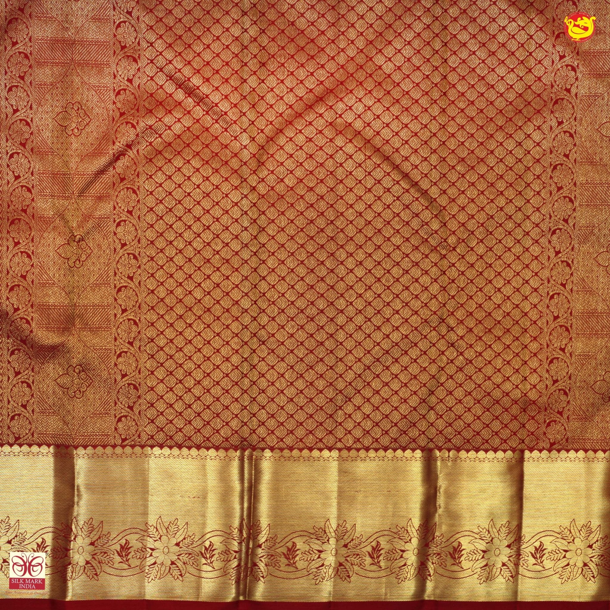 Dark Maroon With Floral Motifs Gold Zari Border Pure Kanjivaram Subhalaya Wedding Silk Saree - Thenianantham