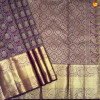 Dark Purple With Floral Motifs Gold Zari Long Border Pure Kanjivaram Subhalaya Wedding Silk Saree - Thenianantham