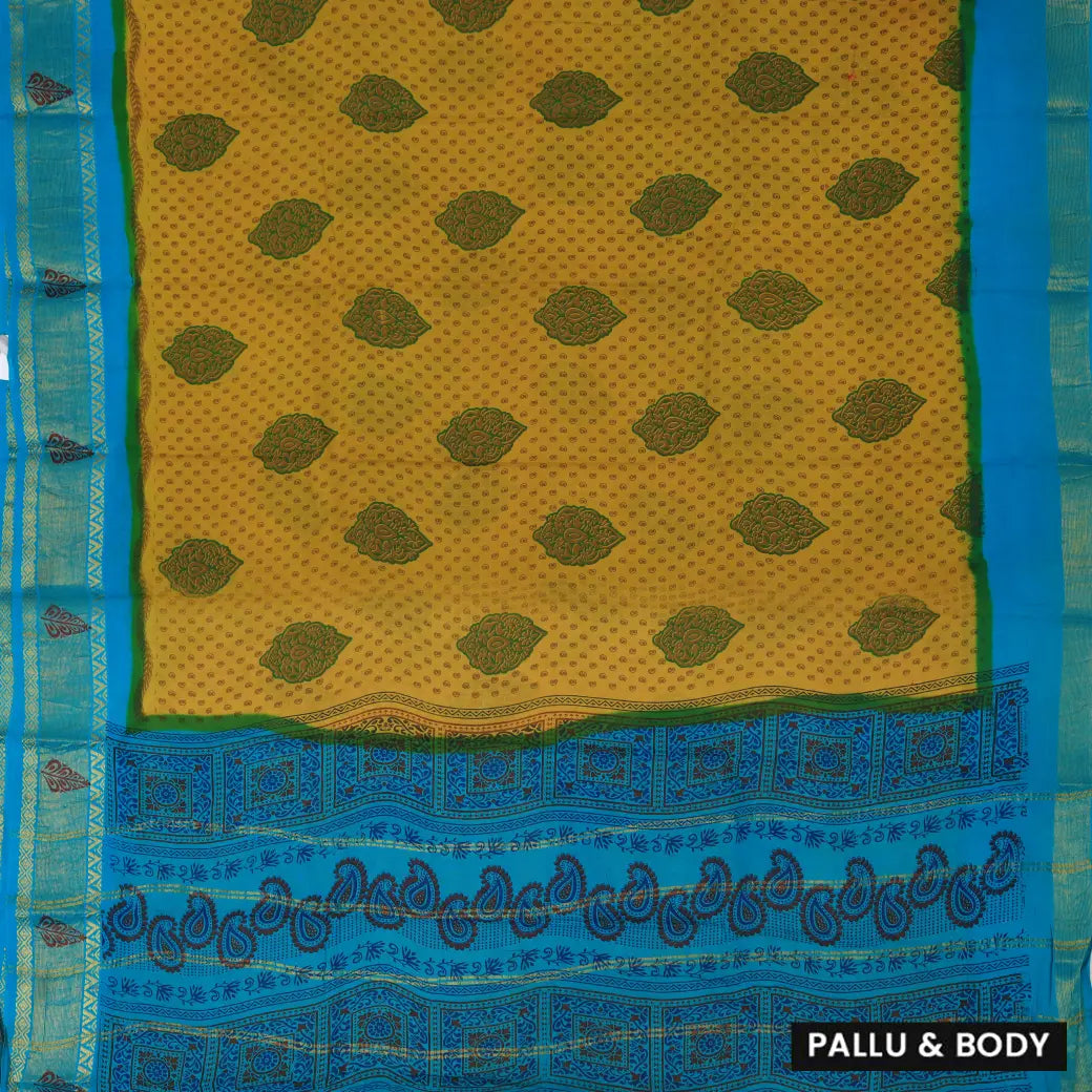 Yellow with blue  Mul Mul Cotton Saree without Blouse