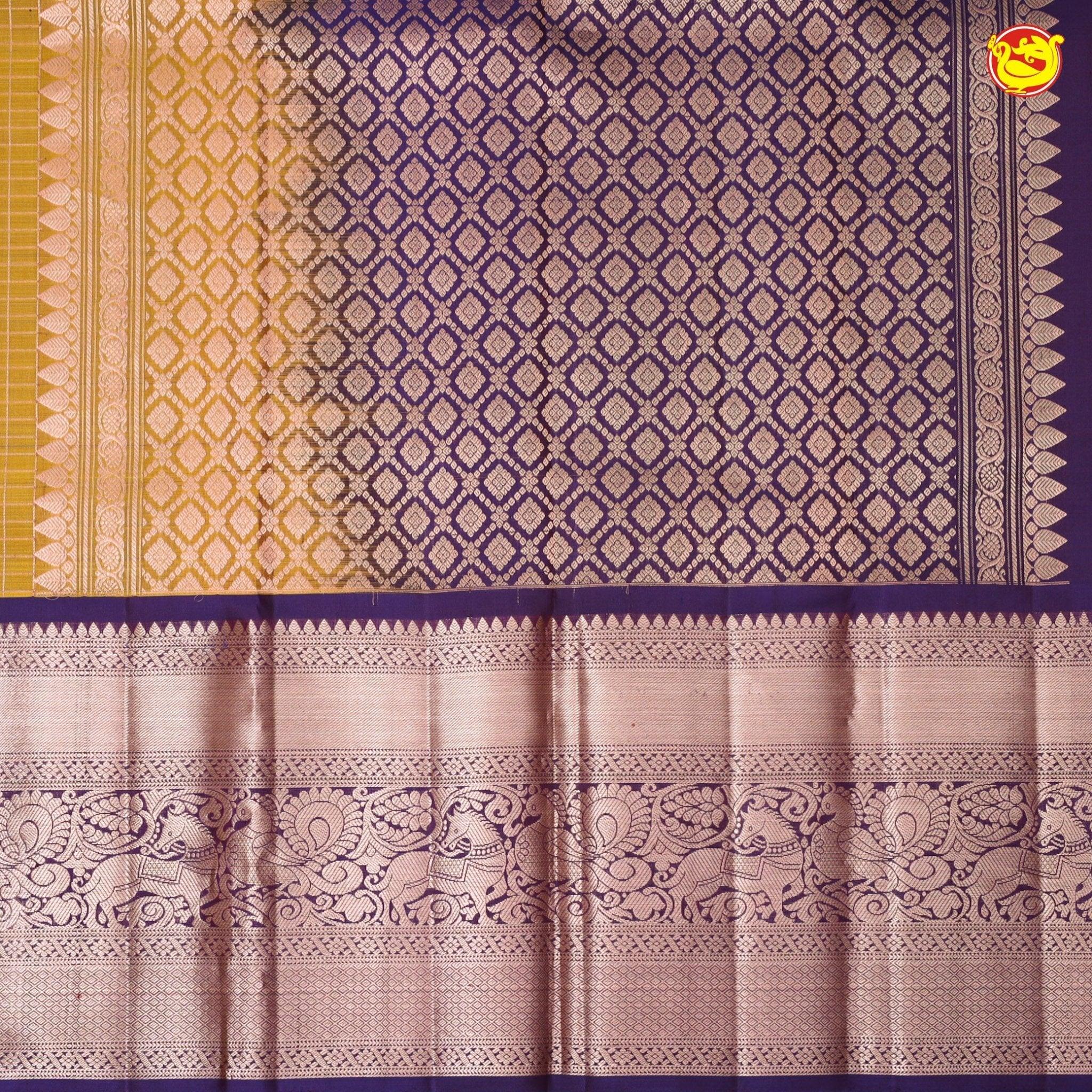 Mustard With Purple Checked Motifs Copper Zari Long Border Pure Kanjivaram Soft Silk Saree - Thenianantham