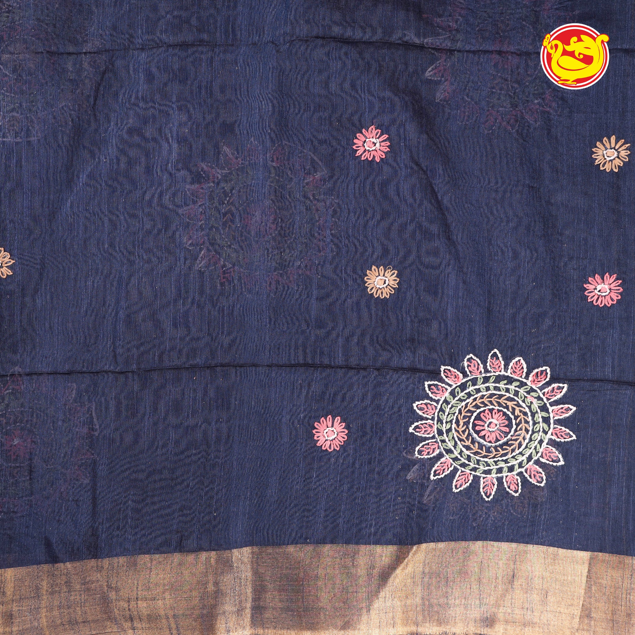 Dark blue bamboo Tussar saree with embroidery