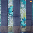 Pure Tussar Silk Saree Aegean Blue and Blue Border With Floral Design and Painted Prints and Zari Woven Border - Thenianantham