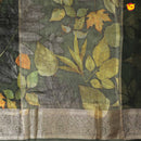 Olive Green Pure Organza Silk With Gold Zari Border Digital Print Saree - Thenianantham