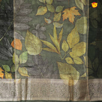 Olive Green Pure Organza Silk With Gold Zari Border Digital Print Saree - Thenianantham