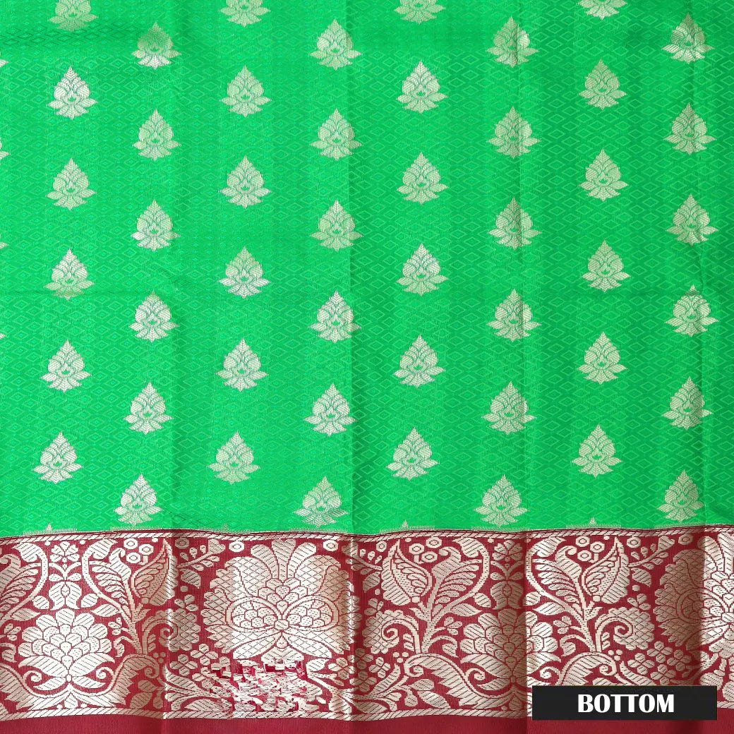 Parrot Green With Red Border Floral Design Traditional  Pattu Pavadai Material