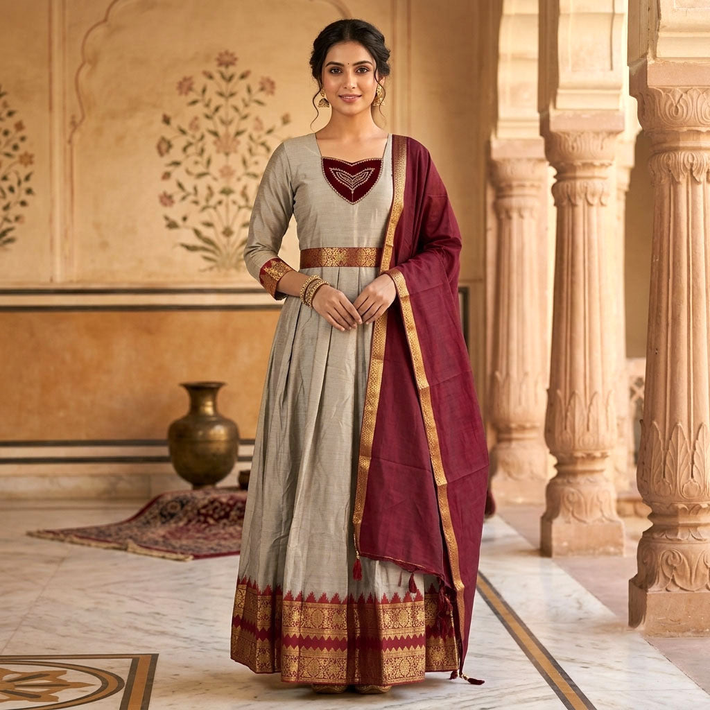 Grey With Peacock Maroon Ttendy Ladies Ethnic Gowns