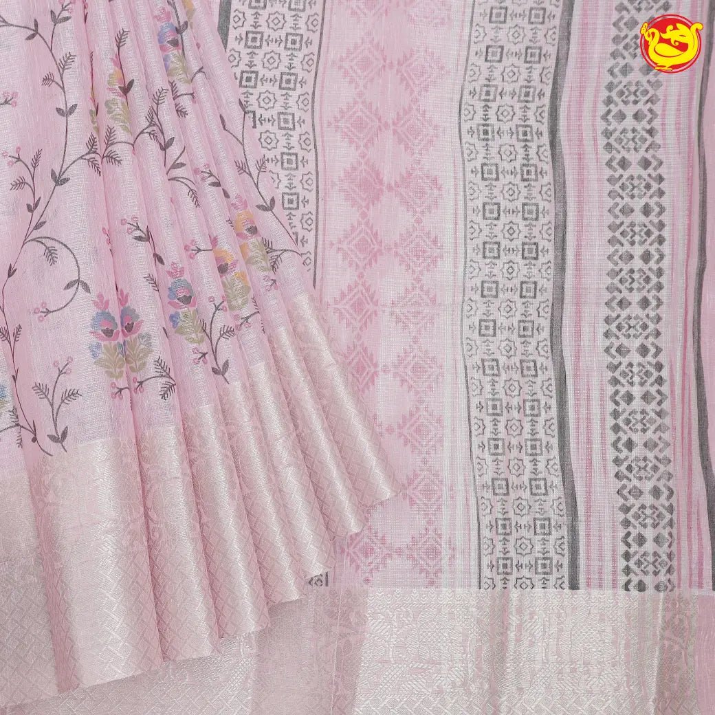 Baby pink linen tissue saree with embroidery - Thenianantham