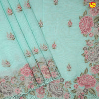 Light Pista Green Pure Chanderi Silk With Floral Hand Embroidered Work Saree - Thenianantham