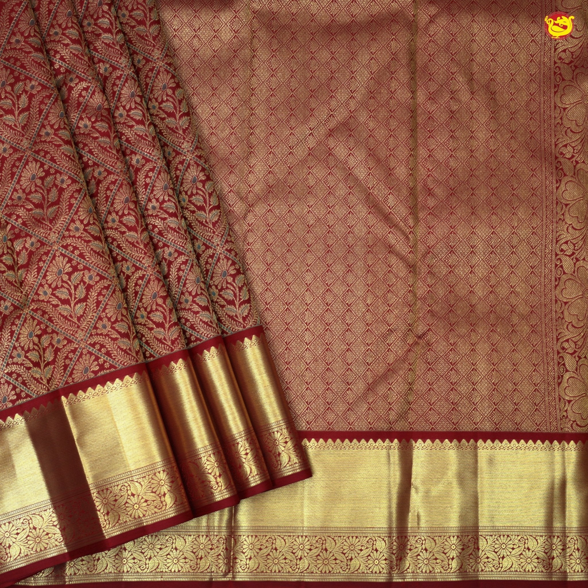 Dark Maroon With Floral Motifs Gold Zari Border Pure Kanjivaram Subhalaya Wedding Silk Saree